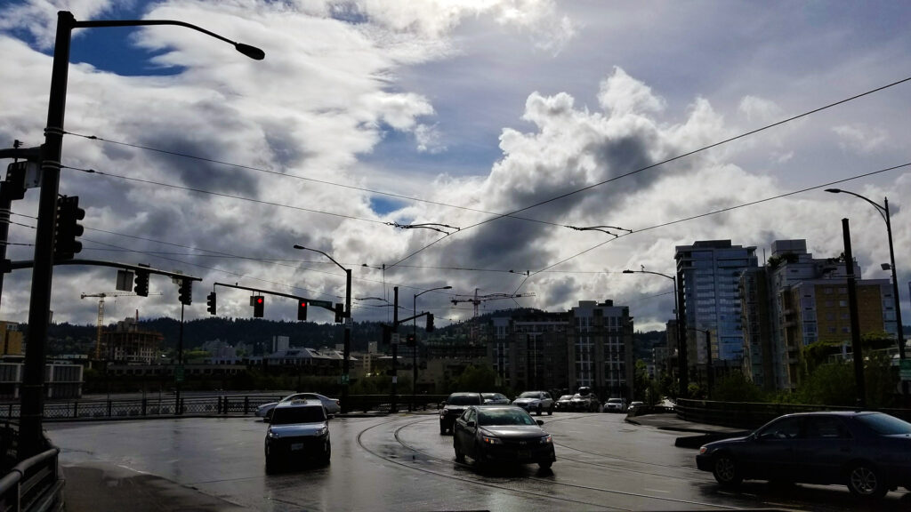 Portland skyline with clouds moving through after some rain.